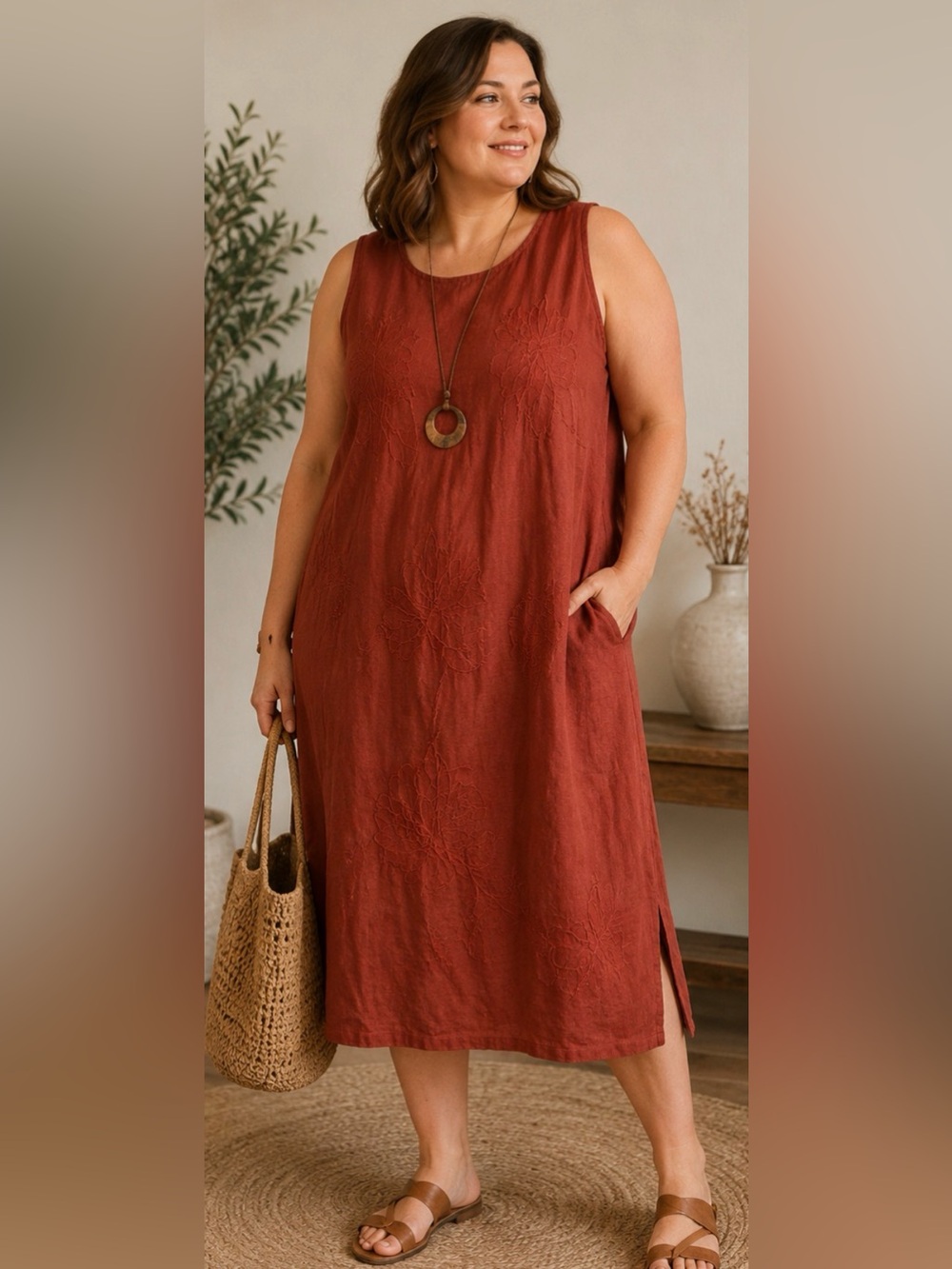 345 Venezia Jeans 100% Linen Embroidered Midi Dress 22/24W Rust Orange Boho Plus